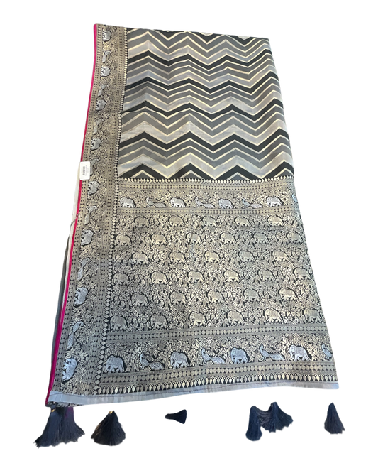 Grey - Traditional Handloom Saree with Blouse Piece - UK stock - 24hr Dispatch - SP2629 VJ
