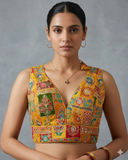Size 40" / UK 14 - Yellow / Amber - Rich Silky Printed Saree blouse with cups - UK Stock - Quick Delivery - RNK - R961-KV