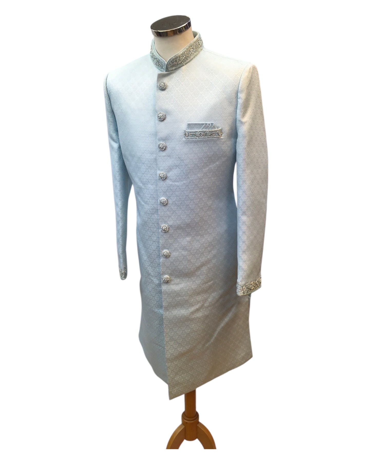 Sky / Light Blue - Rich Banarasi Brocade Sherwani with Zardosi Hand Embroidery -  BS978 01KYV25