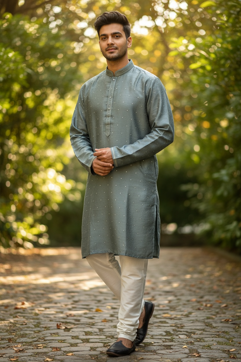 Silver Grey - Banarasi Handloom Brocade Mens Indian Kurta set with Trousers - UK Stock - Weddings / Walimas , Sangeet, Diwali, Eid, Mehndi / Henna - VEE2443 VR
