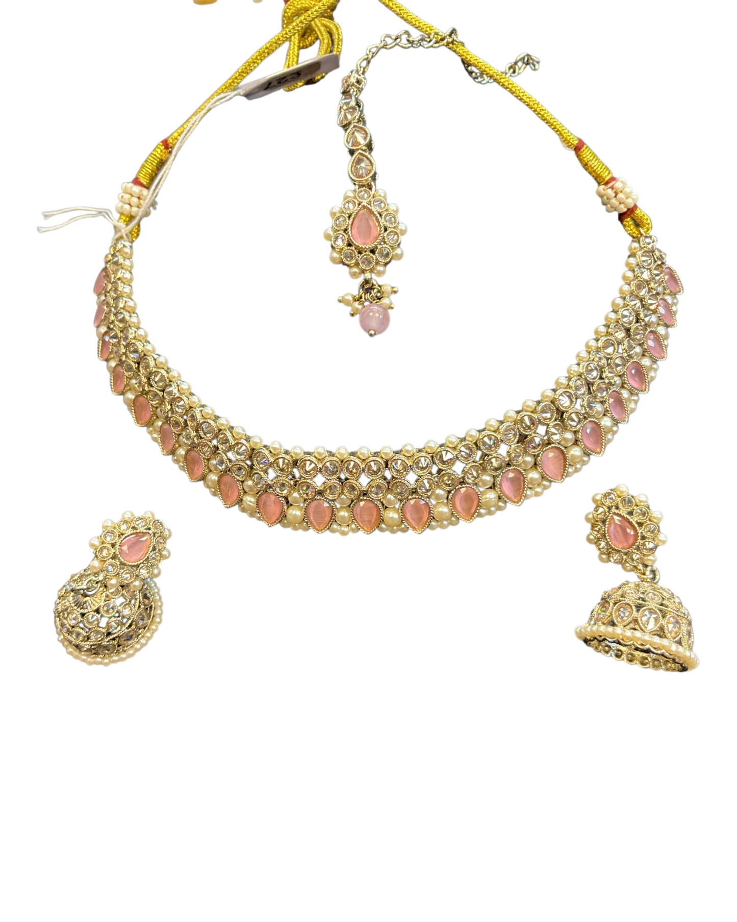 Baby Pink - Medium Size Antique Gold Finish Necklace Set with Earrings & Head Piece - 6NS449 04H26