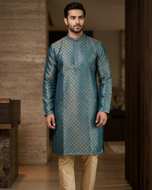 Teal - Men’s Embroidered Jacquard Kurta Set with Trousers - UK Stock - Weddings / Walimas , Sangeet, Diwali, Eid, Mehndi / Henna - VEE3069 VV