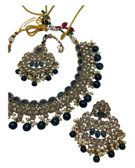 Blue - Large Size Antique Gold Finish Necklace Set with Earrings & Head Piece - Bollywood - AE2514 08KY25