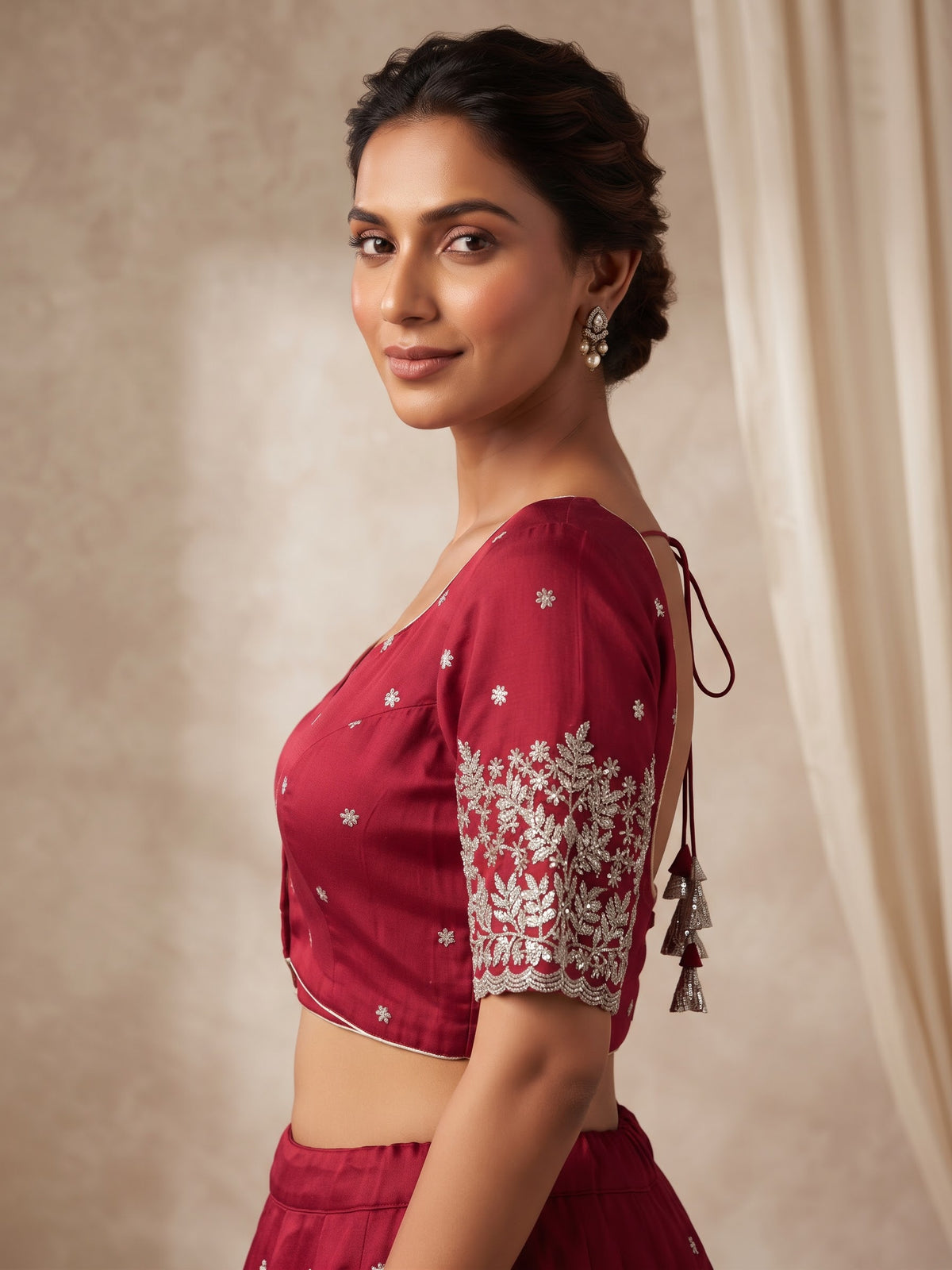 Size 40" / UK 14 - Red - Zari Embroidered Silk Blouse with Elbow-Length Sleeves - UK Stock - With Margin inside - VAM1296 - KY