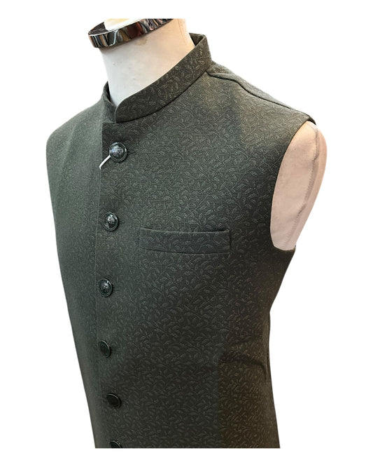 Olive Green Self Brocade - Premium Suede Feel Mens Indian Waistcoat - UK Stock - 24 hr Dispatch - VNS-JKT697/28 10KP25