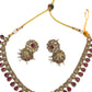 Magenta - Medium Size Antique Gold Finish Necklace Set with Earrings - SV2403  H 0424
