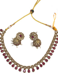 Magenta - Medium Size Antique Gold Finish Necklace Set with Earrings - SV2403  H 0424