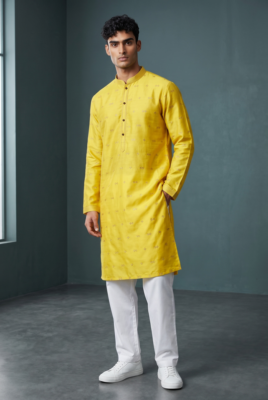 Bright Yellow - Handloom Silky Mens Indian Kurta set with Trousers - UK Stock - Weddings / Walimas , Sangeet, Diwali, Eid, Mehndi / Henna - EM10697 05KH26