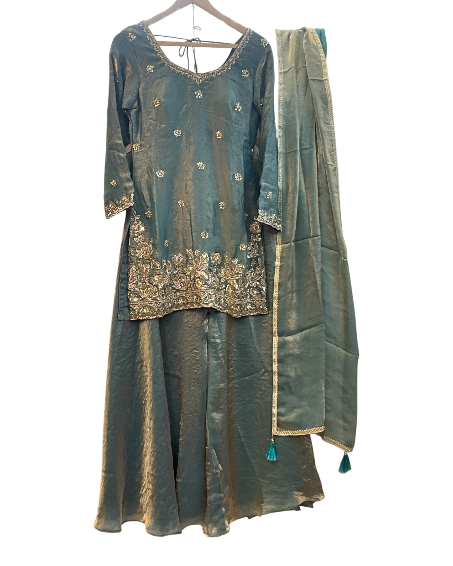 UK 10 / 36" - Sea Green - Silky Brocade Ladies Sharara / Palazzo Trousers Suit - Sangeet / Henna / Temple - JF1234 05TC26