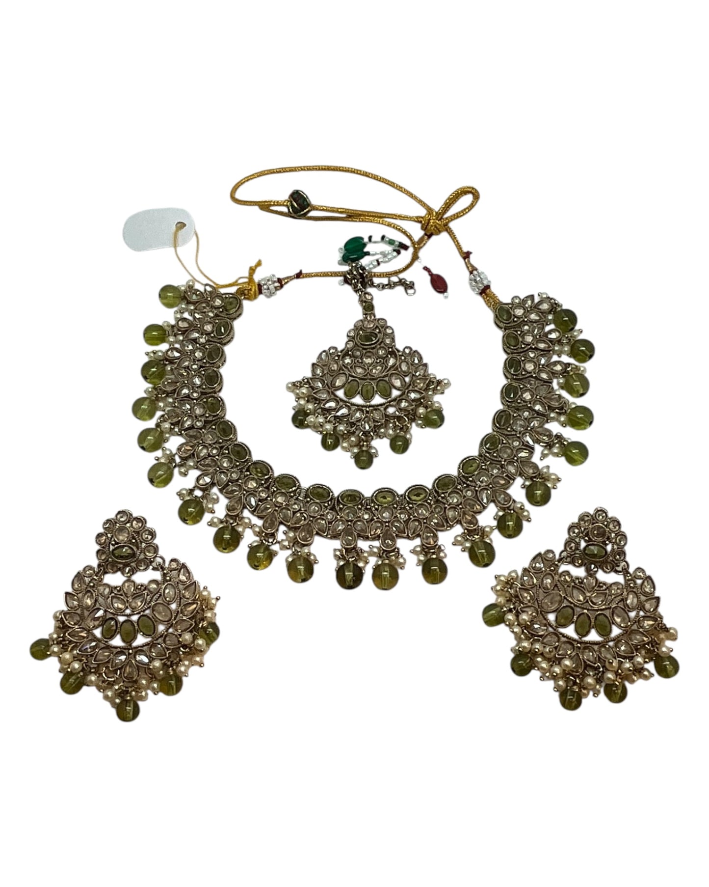 Mehndi Henna Green - Large Size Antique Gold Finish Necklace Set with Earrings & Head Piece - Bollywood - AE2514 08KY25