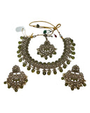 Mehndi Henna Green - Large Size Antique Gold Finish Necklace Set with Earrings & Head Piece - Bollywood - AE2514 08KY25