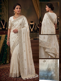 Cream - Saree with Thread / Stone Work and Blouse Piece - UK stock - 24hr Dispatch - SP2613 VY