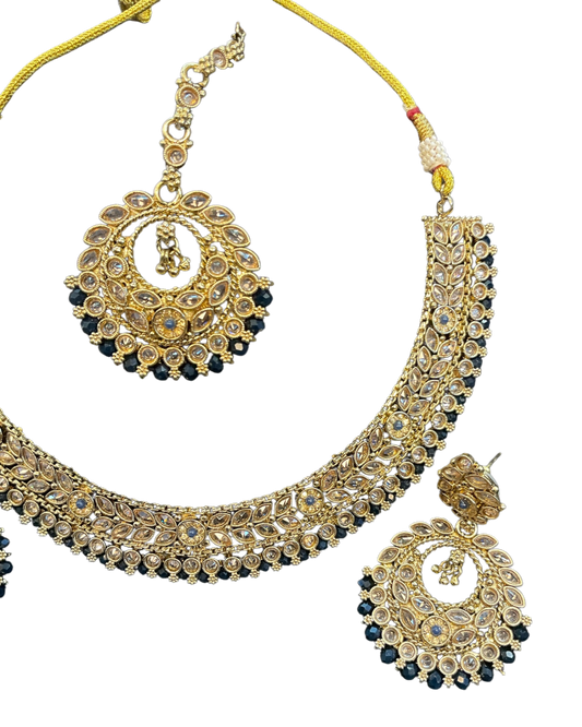 Black - Medium Size Antique Gold Finish Necklace Set with Earrings - SJ07 08KY25