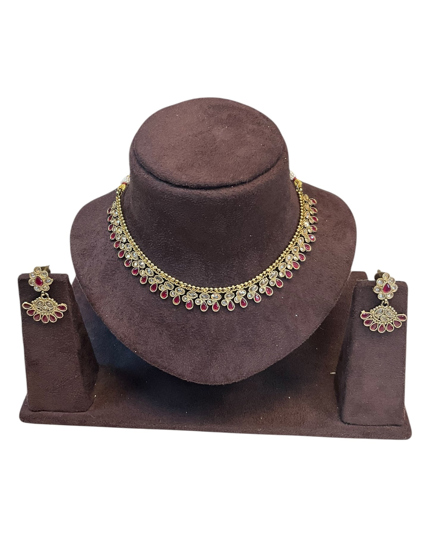 Magenta - Small Size Antique Gold Finish Necklace Set - AE2502 A 0525