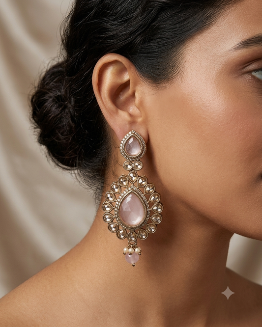 Baby Pink - Large - Antique Gold Finish Traditional Earrings - Bollywood - Weddings - 15ER549 07A26