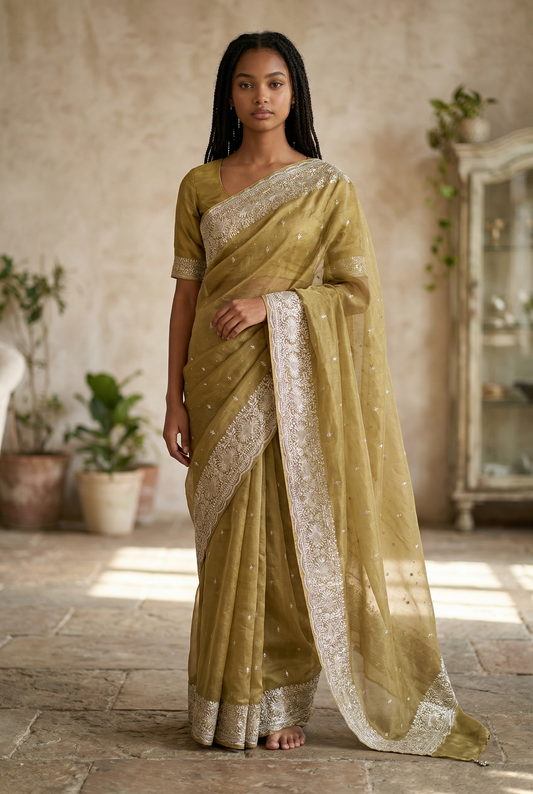 Yellow - Fancy Party Saree with Blouse Piece - UK stock - 24hr Dispatch - VFU5410 03VR26