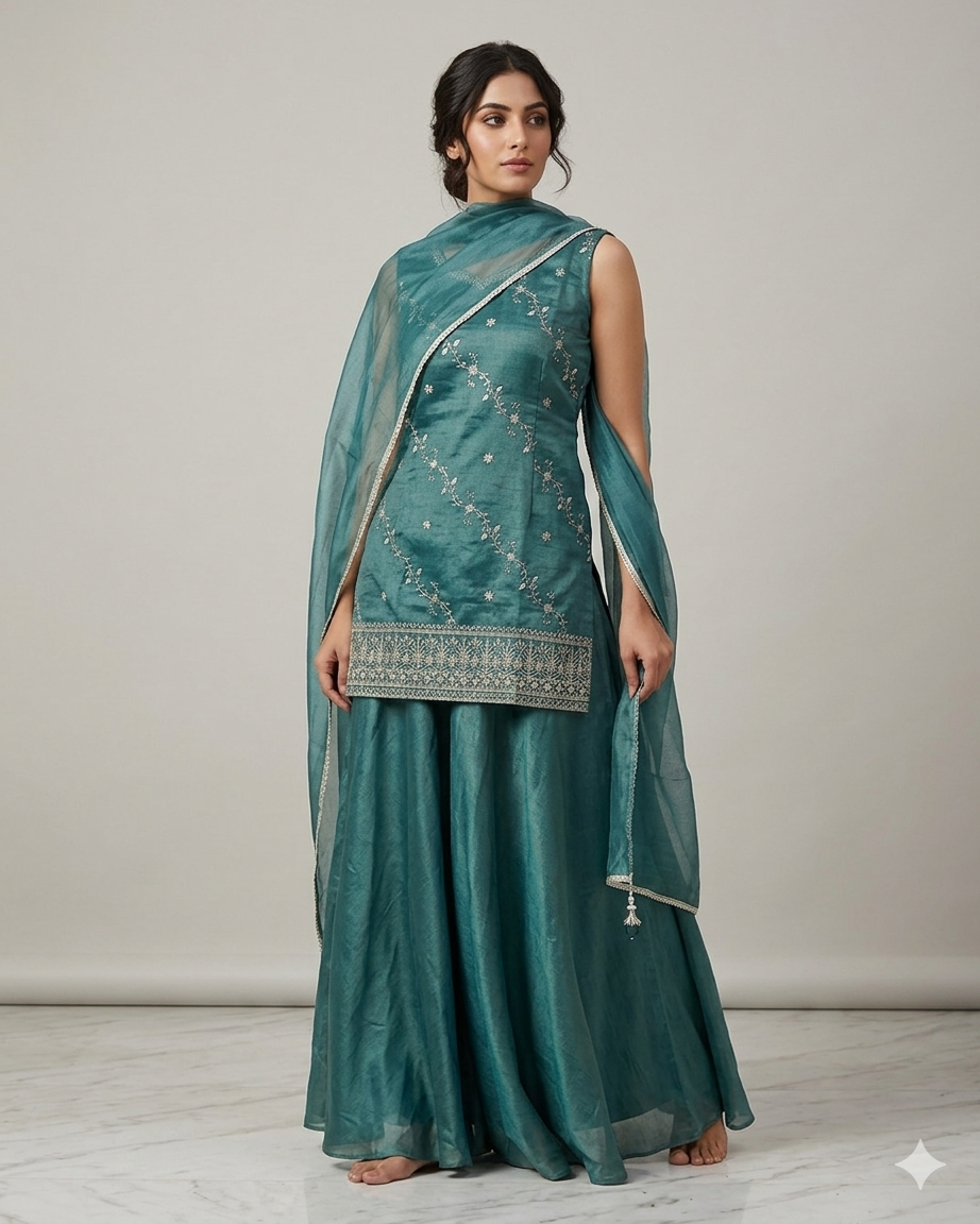 UK 16 / 42" - Teal Green - Ladies Sharara / Palazzo Trousers Suit - UK Stock - Sangeet / Henna / Weddings - OC7302 VC