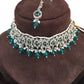 Turquoise - Medium Size Silver Finish Choker Necklace Set with Earrings - RAK149  C 0424