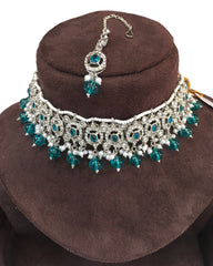 Turquoise - Medium Size Silver Finish Choker Necklace Set with Earrings - RAK149  C 0424