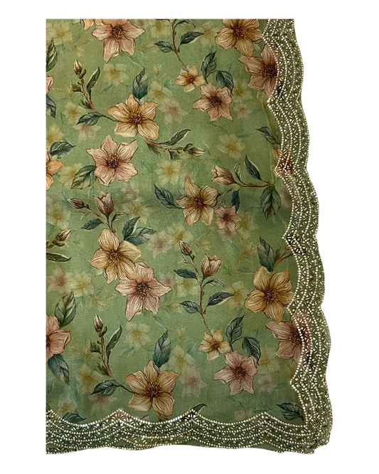 Sage Green - Printed Crepe Silky Saree with Blouse Piece - UK stock - 24hr Dispatch - RS2527 TJ