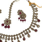 Maroon - Medium Size Antique Gold Finish Necklace Set with Earrings - KAJ1017 04C24