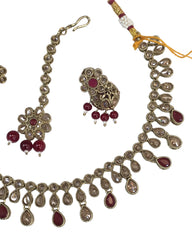 Maroon - Medium Size Antique Gold Finish Necklace Set with Earrings - KAJ1017 04C24