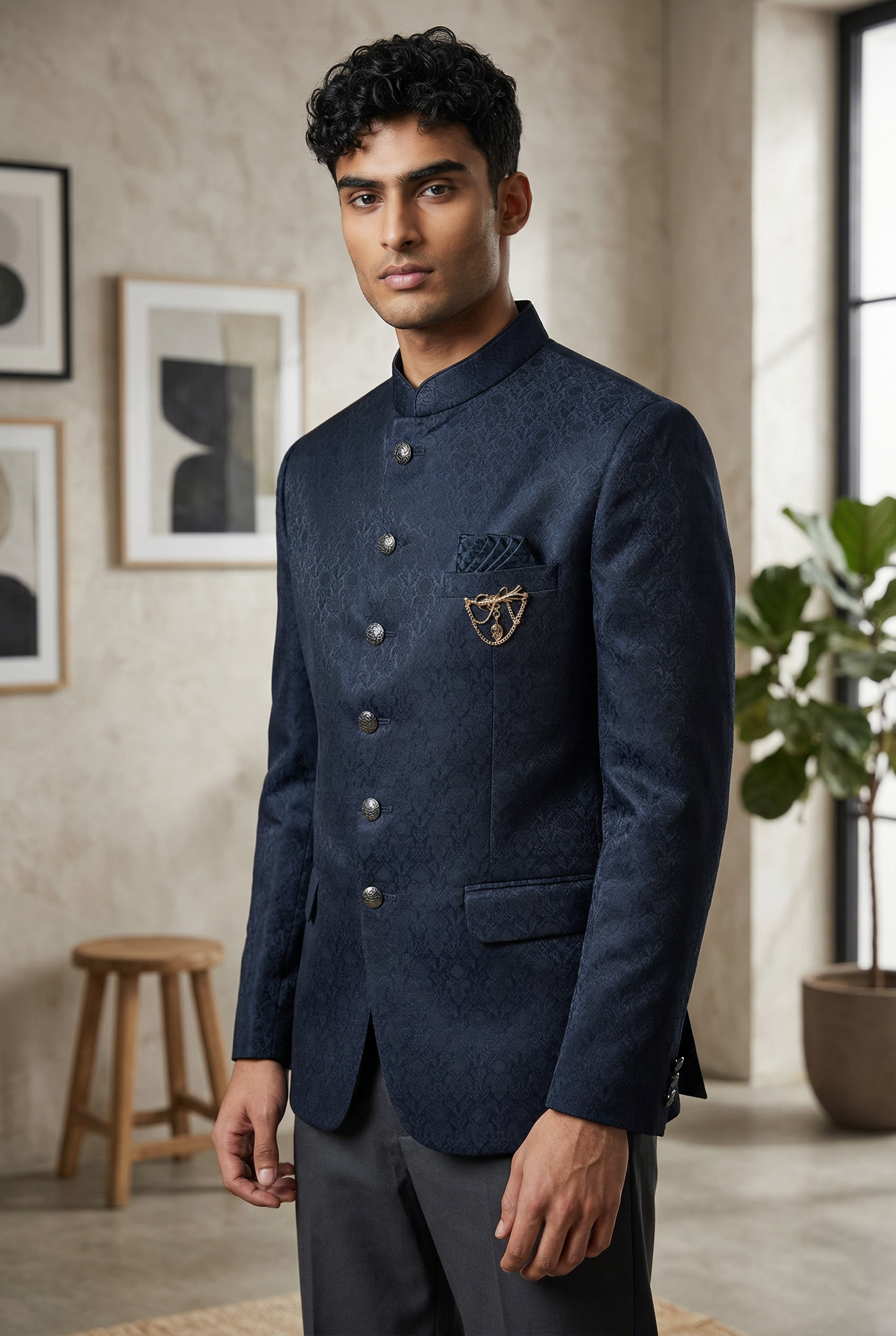 Teal / Rama - PREMIUM Slim Fit Mens Self Brocade BandhGala / Prince / Chinese Collar Jacket - Fantastic Fit - CS2501 01TA25