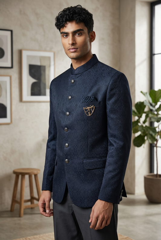 Teal / Rama - PREMIUM Slim Fit Mens Self Brocade BandhGala / Prince / Chinese Collar Jacket - Fantastic Fit - CS2501 01TA25