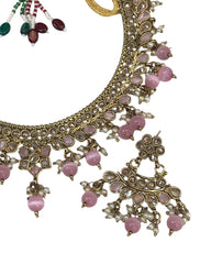 Pink - Medium Size Antique Gold Finish Necklace Set with Earrings - HR1008  KK 0424