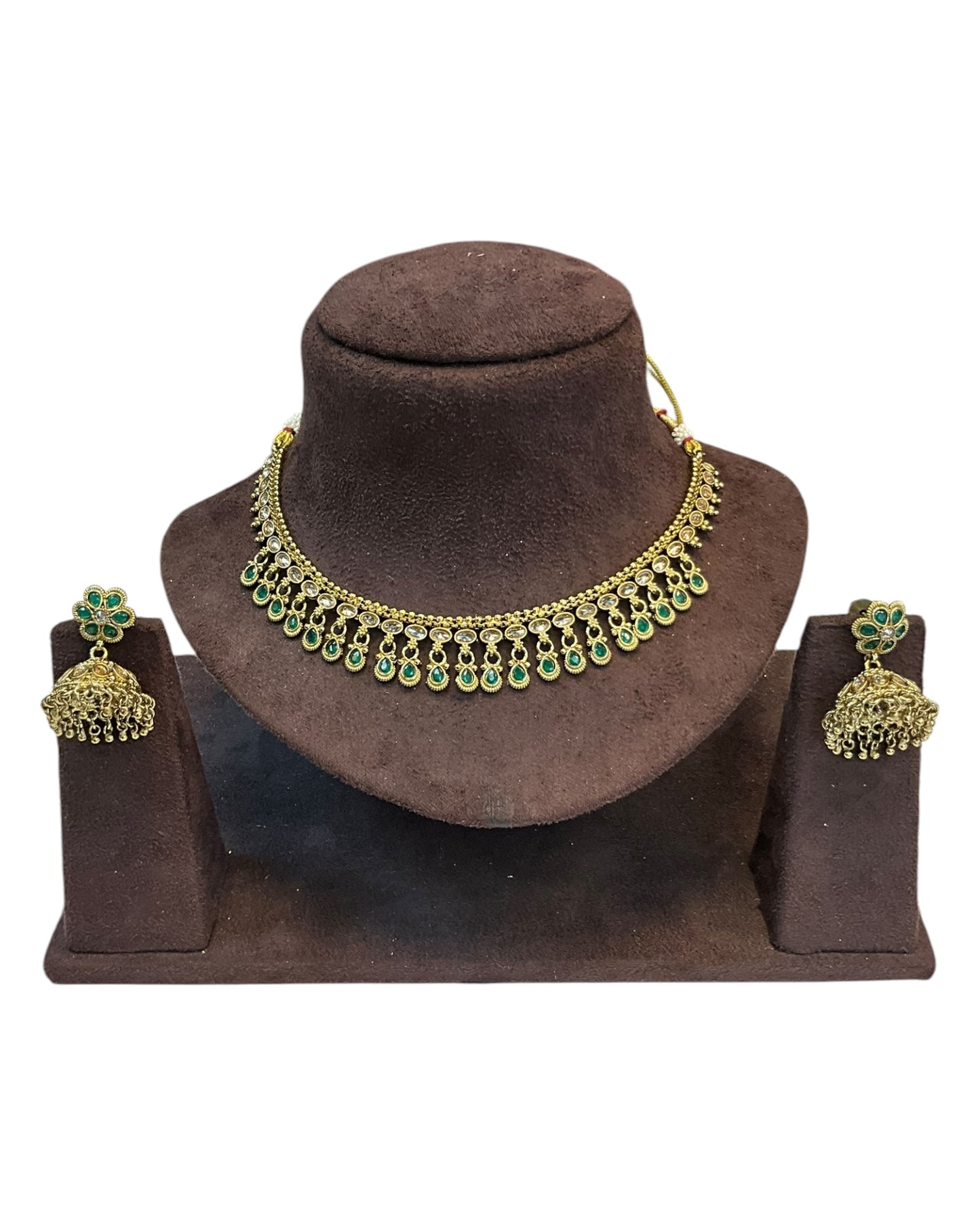 Green - Small Size Antique Gold Finish Necklace Set - AE2506 C 0525