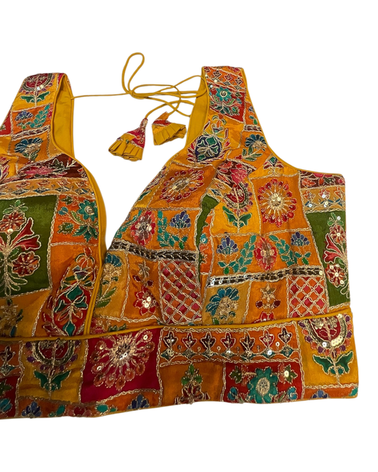Size 40" / UK 14 - Yellow / Amber - Rich Silky Printed Saree blouse with cups - UK Stock - Quick Delivery - RNK - R961-KV