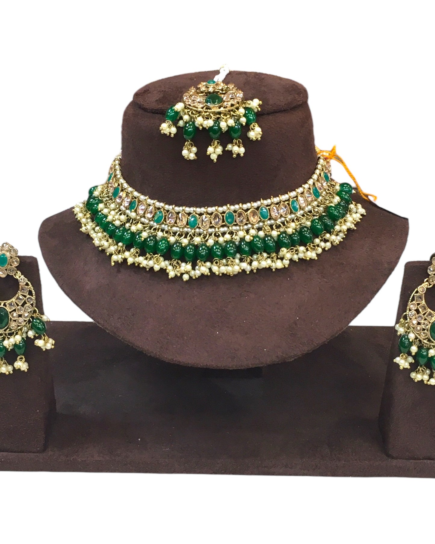 Green - Large Size Antique Gold Finish Necklace Set with Earrings - JE18  C 0424