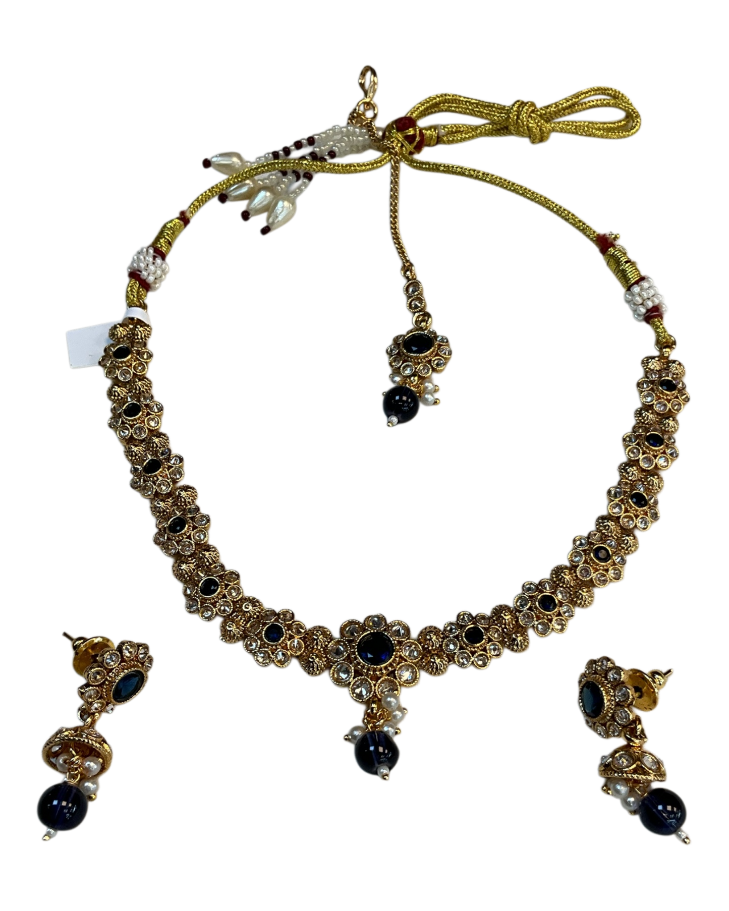 Navy Blue - Medium Size Gold Finish Necklace Set with Earrings & Head Piece - SLV90 04Cp26