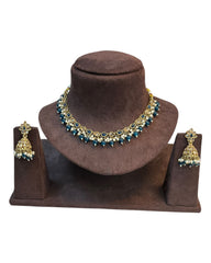 Petrol Blue - Medium Size Antique Gold Finish Necklace Set with Earrings - RAK375 Pp