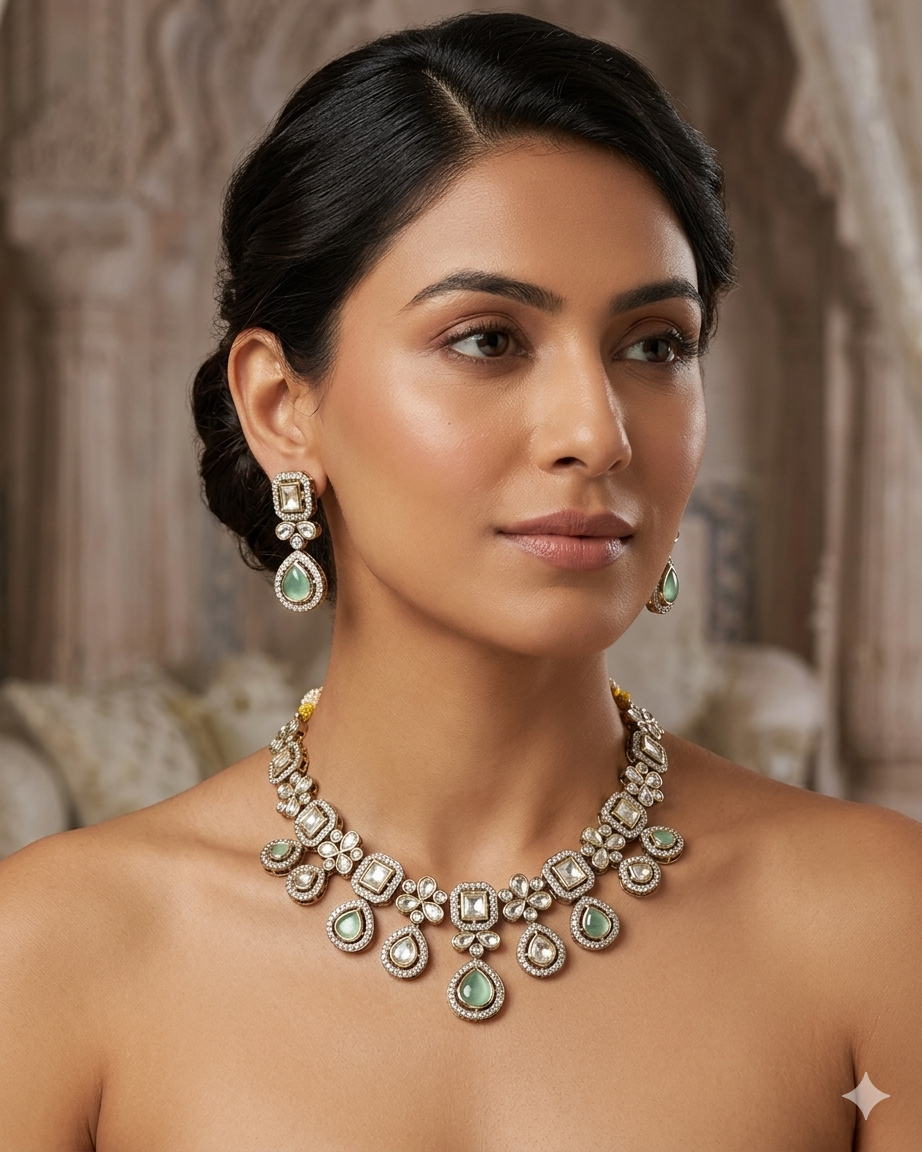 Light Green - Medium Size Antique Gold Finish Choki Necklace Set with Earrings - Bollywood - AVON-KU1320  08KA25