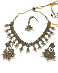 Gold / Neutral - Medium Size Antique Gold Finish Necklace Set with Earrings - KAJ1015  KV 0424