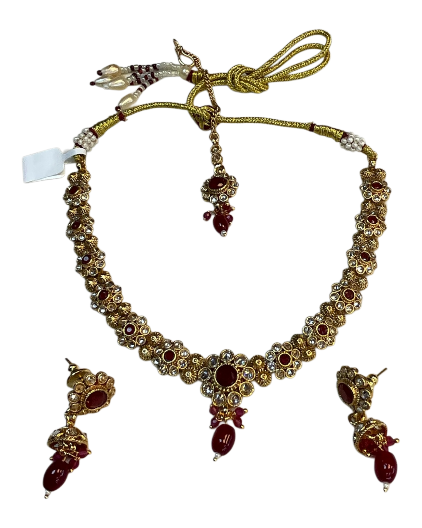 Fuchsia / Magenta / Ruby - Medium Size Gold Finish Necklace Set with Earrings & Head Piece - SLV90 04Cp26