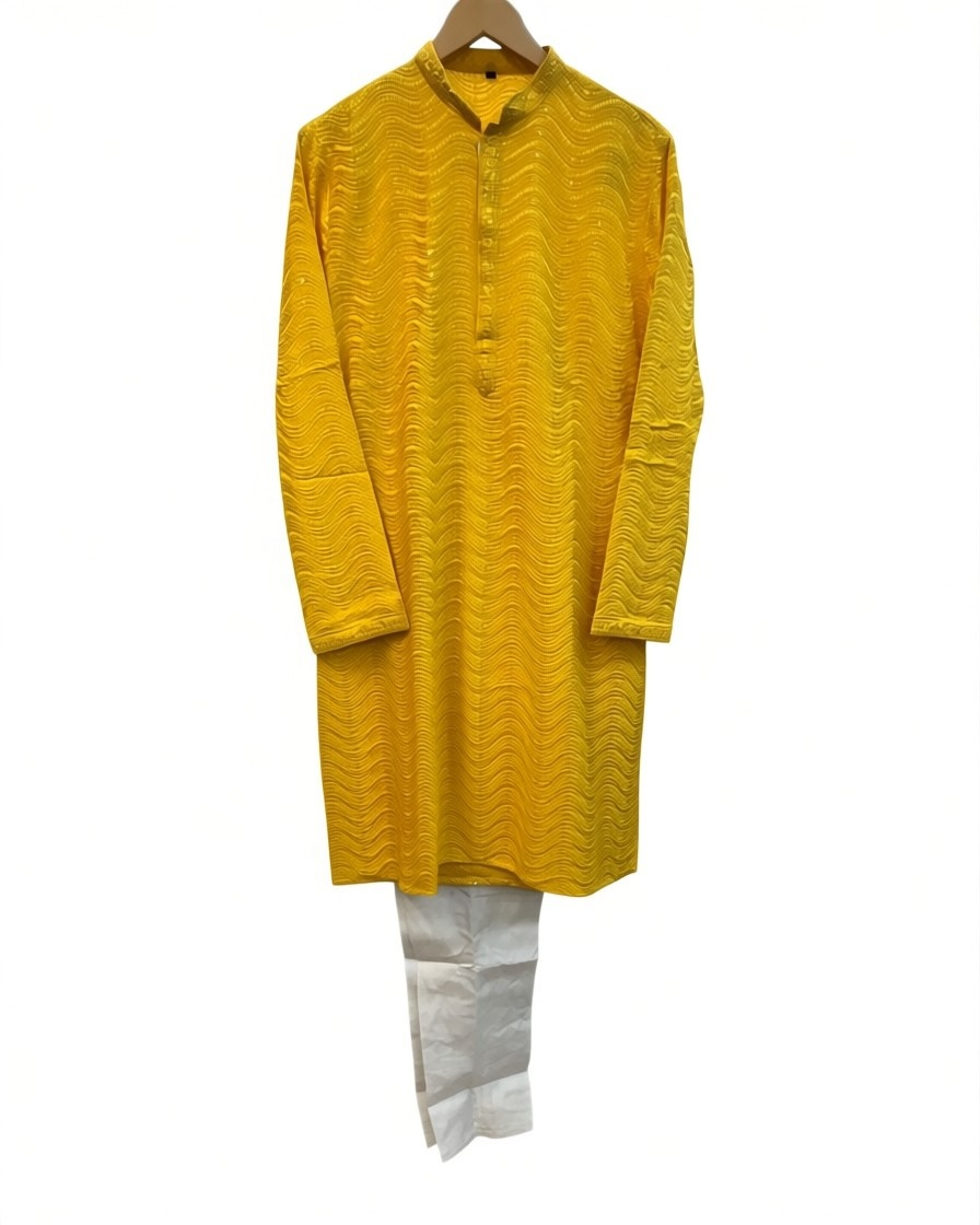 Haldi Yellow - Lucknawi Chikankari Chiffon Self Embroidered Mens Indian Kurta set - Weddings / Walimas , Sangeet, Mehndi / Henna , Eid / Diwali - SHU2607 05KP26