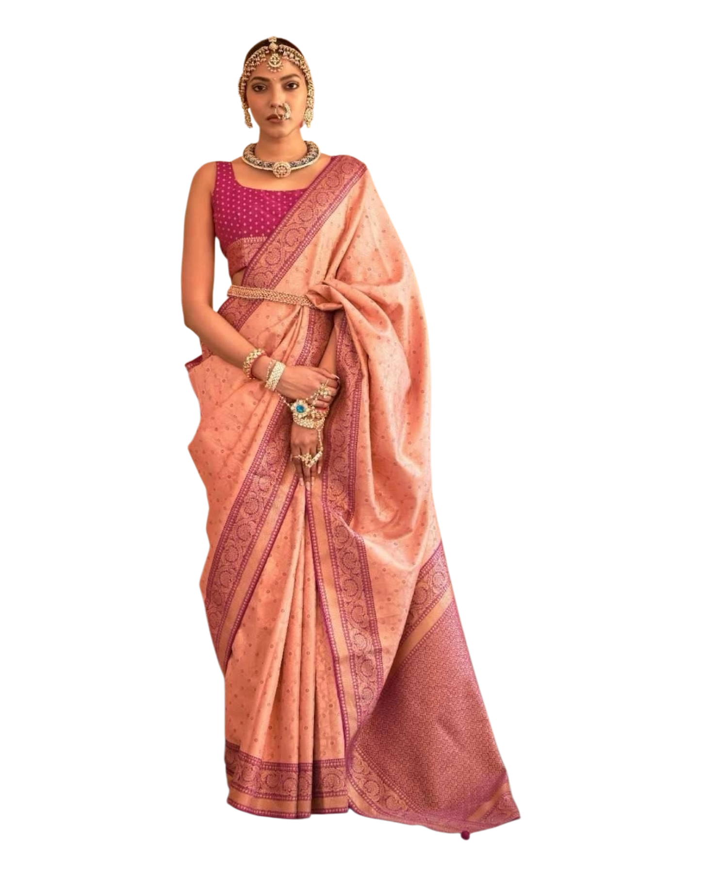 Coral / Purple - Silky Handloom Banarasi Saree with Blouse Piece -  12TY25 REW1050