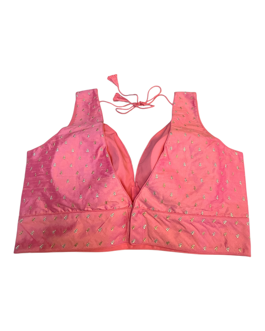 40" / UK 14 - Pink - Silky Designer Saree blouse with cups,  Sleeveless - UK Stock - Quick Delivery - RNK - R717 KV