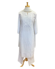 White - Cotton Ladies Salwar Kameez with Chiffon Dupatta - Elbow Length Sleeves - Funeral  / Church KTC250401 KR