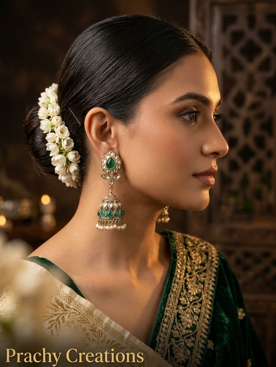 Green - Royal Teardrop Kundan & Pearl Jhumka Earrings - 6JE06 10Pp26