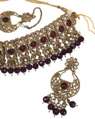Maroon - Large Size Antique Gold Finish Necklace Set with Earrings - VC1553  KV 0424