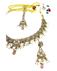 Pink - Medium Size Antique Gold Finish Necklace Set with Earrings & Tika Head piece - SAJ04  08C25