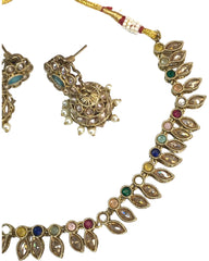 Multi Coloured - Small Size Antique Gold Finish Necklace Set with Earrings - SV2404  C 0424