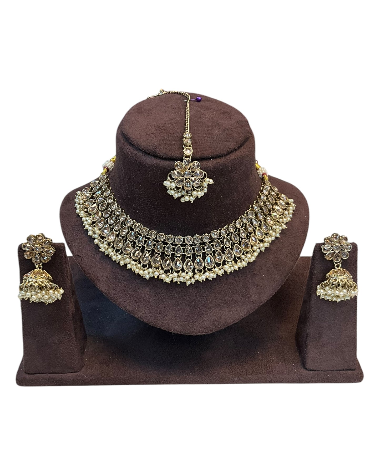 Gold / Neutral / Pearl - Large Size Antique Gold Finish Necklace Set with Earrings & Tika Head piece - PRI1787  KY 0525