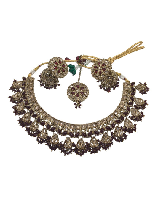 Maroon - Reverse Stone Antique Gold Finish Necklace set - MNA933 KK 1023
