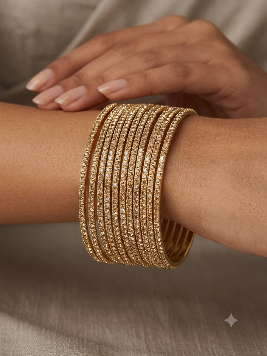 Antique / Dark Gold Stones - Set of 8 Diamante Stone Bangles -  M to XXL - HAN2602 07Ka26