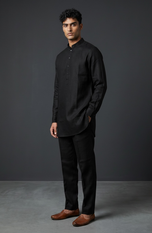 Black - Premium Linen Mens Indian Kurta with Linen Trousers - UK Stock - Weddings / Walimas , Sangeet, Diwali, Eid, Mehndi / Henna - VEE1366 VY