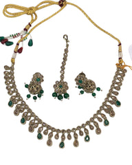 Green - Medium Size Antique Gold Finish Necklace Set with Earrings - KAJ1017 04C24